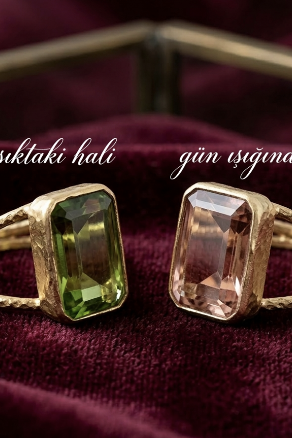 Işığa Göre Renk Değiştiren Taşlı Mini Dikdörtgen Gümüş Yüzük
