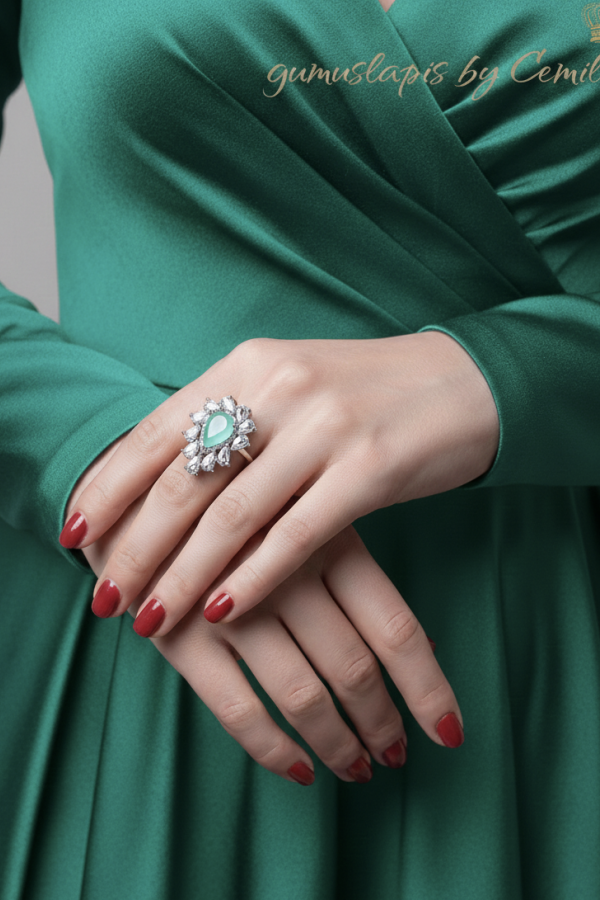 Ortası Yosun Agat Taşlı Gümüş Deep Yüzük