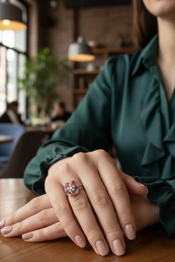 Renkli Taşlarla Süslü Gümüş Yüzük 