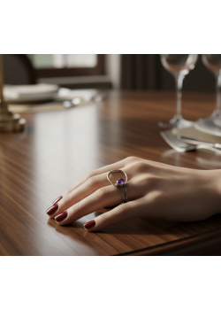 Ortası Ametist Taşlı Yan Damla Motif Üstü Açık Gümüş Yüzük