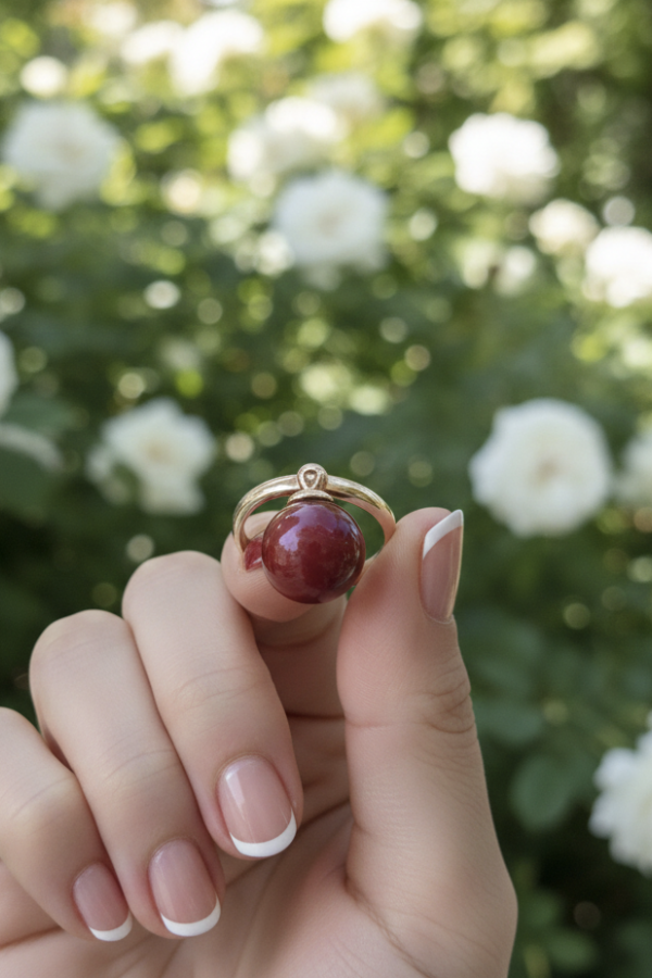 Büyük Yuvarlak Mercan Taşlı Sallantılı Gümüş Yüzük