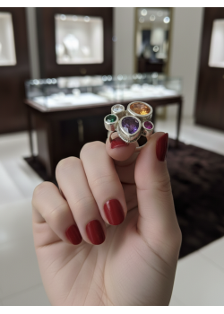 Renkli Taşlarla Süslü Beşli Gümüş Yüzük