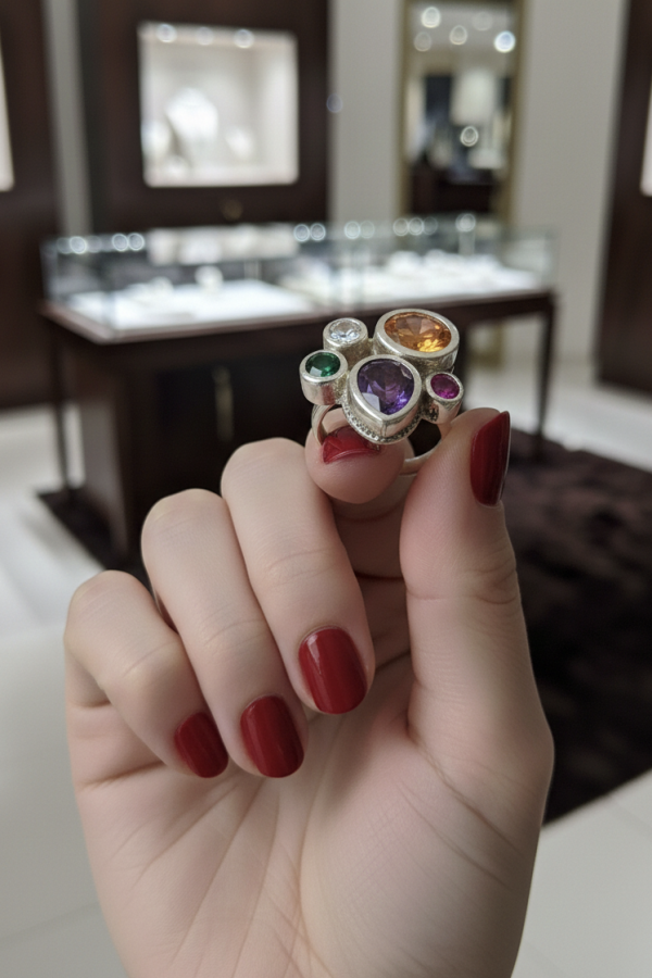 Renkli Taşlarla Süslü Beşli Gümüş Yüzük