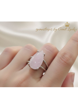 Pembe Kuvars Taşlı Damla Motif Gümüş Yüzük
