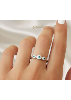 Üç Nazar Boncuk Desen Mineli Gümüş Yüzük