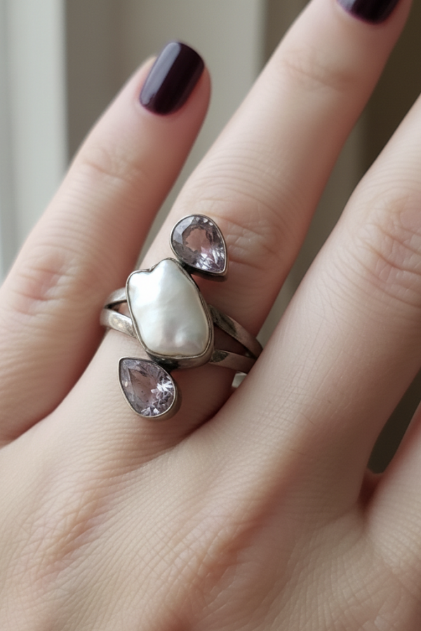 Ametist ve İncili Gümüş Yüzük