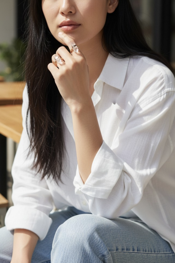 Kütle Beyaz Kuvars Taşlı Gümüş Yüzük 