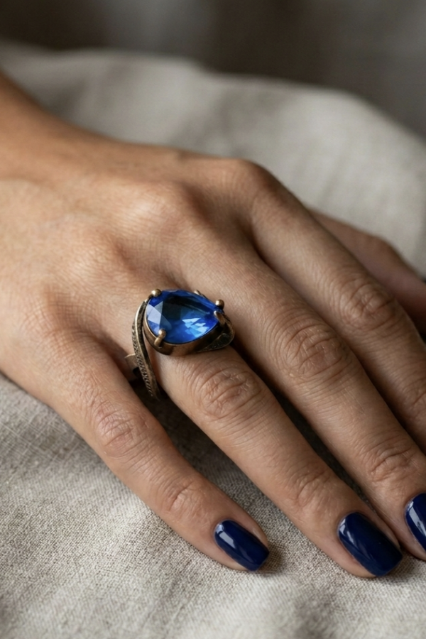 Lab Mavi Topaz Taşlı Büyük Boy Gümüş Yüzük