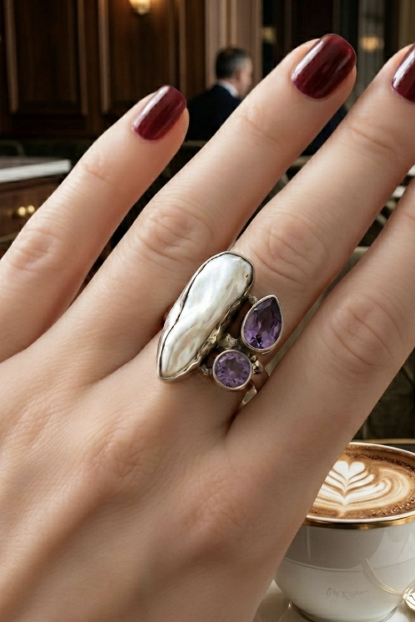 Ametist Ve Uzun İncili Gümüş Yüzük