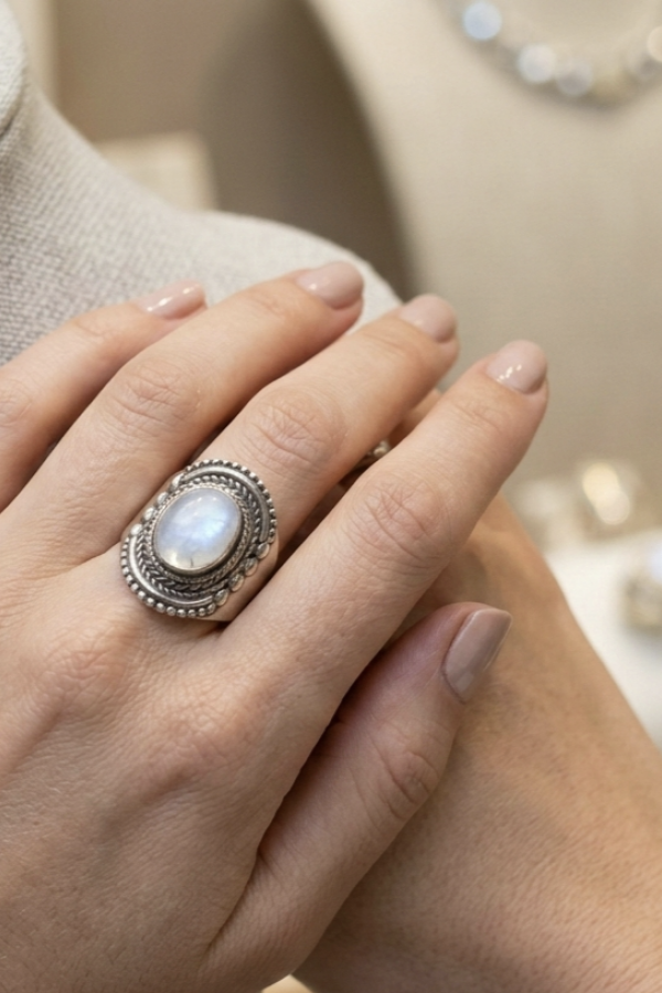 Aytaşı Taşlı Büyük Oval Motif Gümüş Yüzük