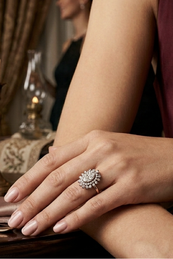 Oval Motif Elmas Montür Gümüş Yüzük