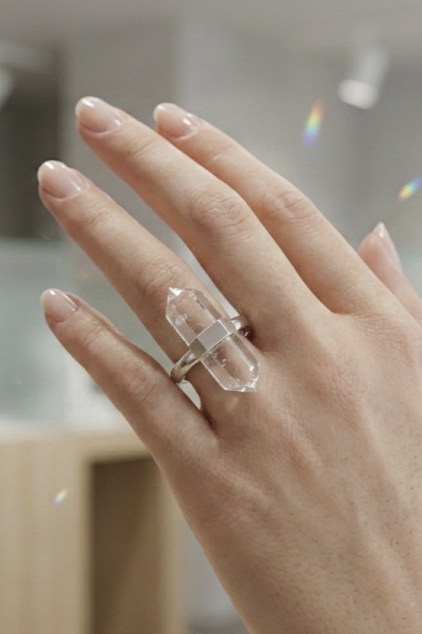 Kütle Beyaz Kuvars Taşlı Gümüş Yüzük 