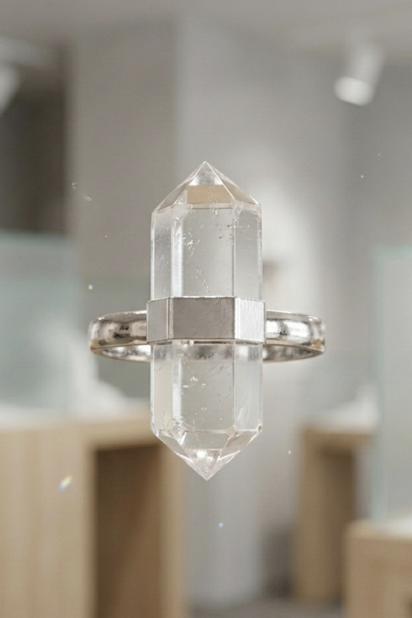 Kütle Beyaz Kuvars Taşlı Gümüş Yüzük 