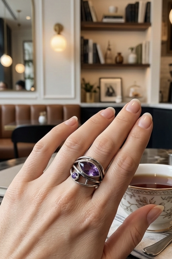 Ametist Taşlı Göz Motif Gümüş Yüzük
