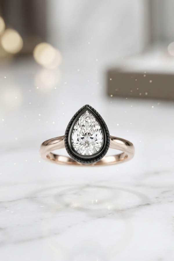 Damla Taşlı Siyah Kalem Detaylı Gümüş Yüzük