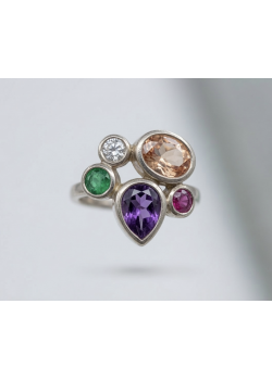 Renkli Taşlarla Süslü Beşli Gümüş Yüzük
