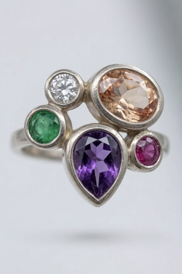 Renkli Taşlarla Süslü Beşli Gümüş Yüzük