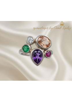 Renkli Taşlarla Süslü Beşli Gümüş Yüzük