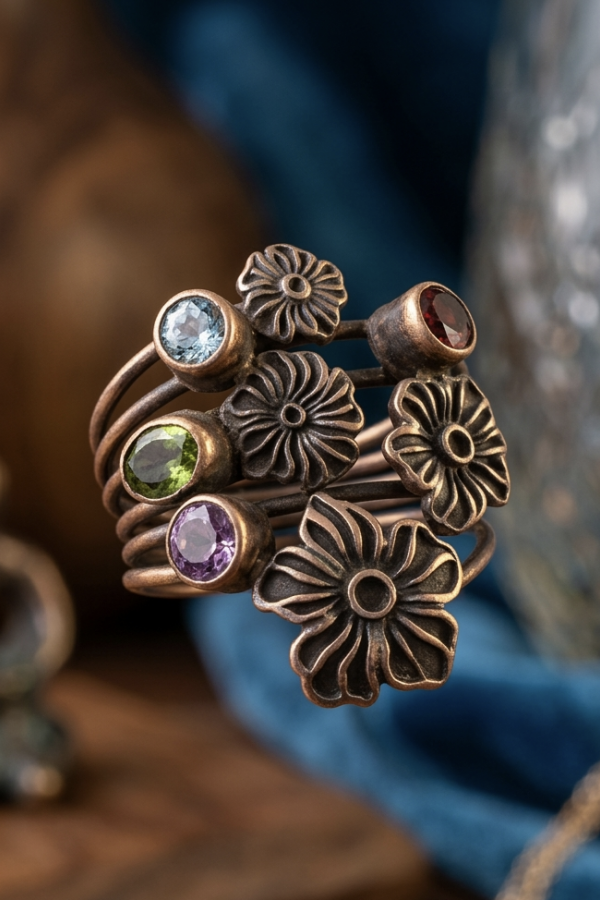 Renkli Taşlarla Süslü Çiçek Motif Eskitme Gümüş Yüzük