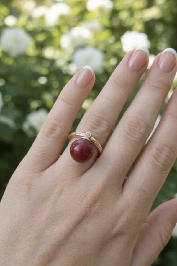 Büyük Yuvarlak Mercan Taşlı Sallantılı Gümüş Yüzük