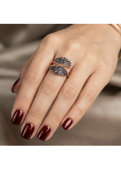 Renkli Taşlarla Süslü Yaprak Motif Gümüş Yüzük