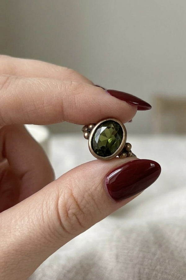 Oval Peridot Taşlı Eskitme Gümüş Yüzük