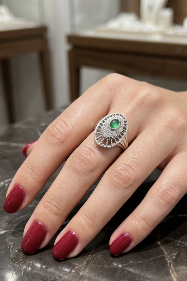 Ortası Peridot Taşlı Oval Gümüş Yüzük