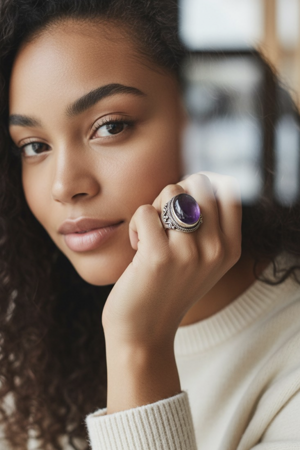 Ametist Taşlı Kenarları İşlemeli Oval Motif Gümüş Yüzük