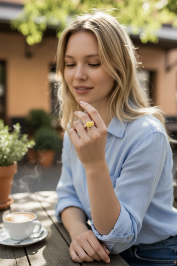 Kaplumbağa Motif Sarı Mineli Gümüş Yüzük