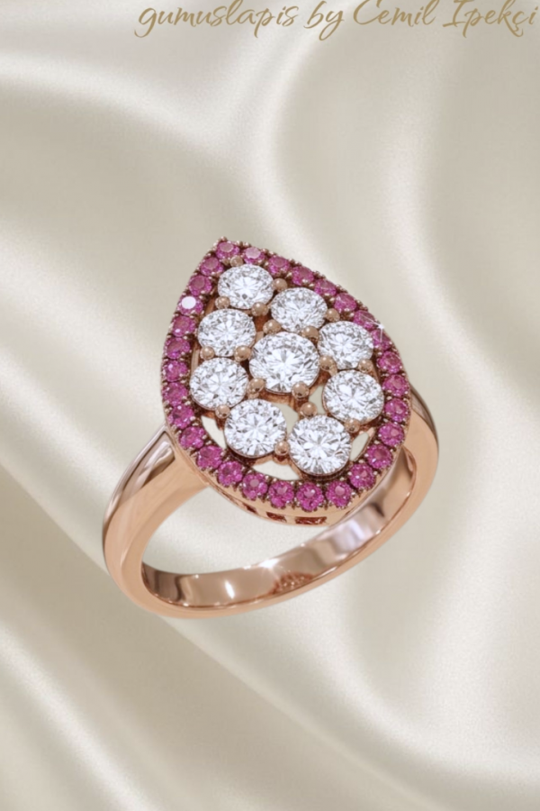 Yakut ve Zirkon Taşlı Damla Motif Gümüş Yüzük