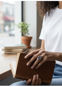 Ametist Taşlı Kenarları İşlemeli Gümüş Yüzük