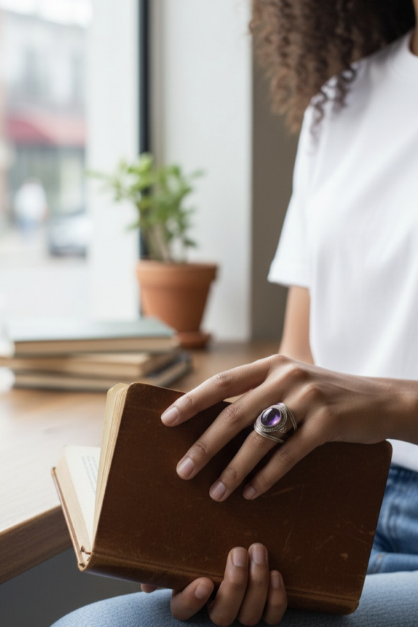 Ametist Taşlı Kenarları İşlemeli Gümüş Yüzük