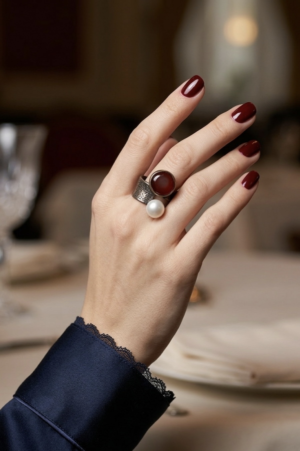 Mercan ve İnci Taşlı Gümüş İkili Yüzük