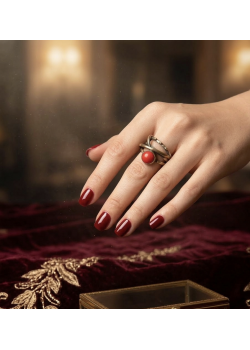 Mercan Taşlı Karışık Sarmal Gümüş Yüzük