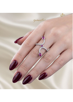 Yakut Taşlı Dalga Motif Gümüş İnce Yüzük