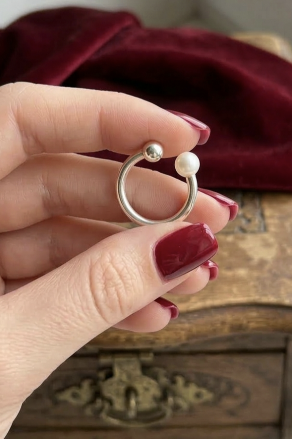 İnci Taşlı Düz Motif Gümüş Yüzük