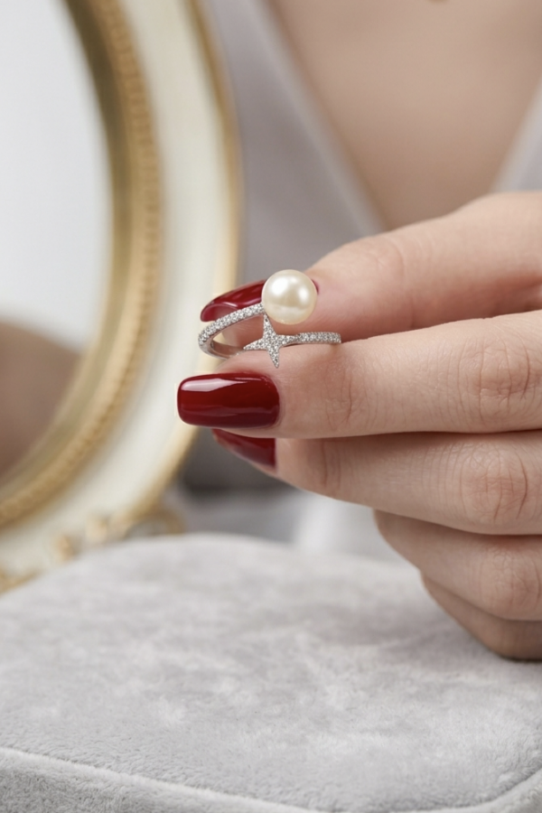 Yarım Taşlı Bir Ucu İncili Gümüş Yüzük