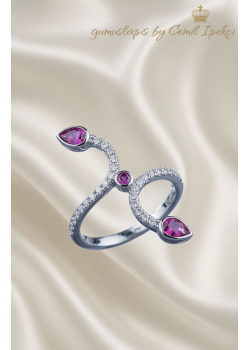 Yakut Taşlı Dalga Motif Gümüş İnce Yüzük