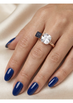 Safir ve Laboratuvar Pırlantası Taşlı Kare Motif Gümüş Yüzük