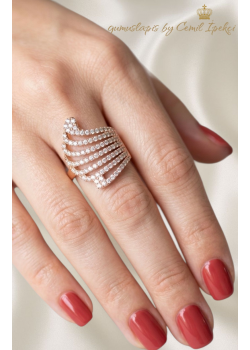 Yarım Dalga Motif Zirkon Taşlı Gümüş Rose Kaplama Yüzük