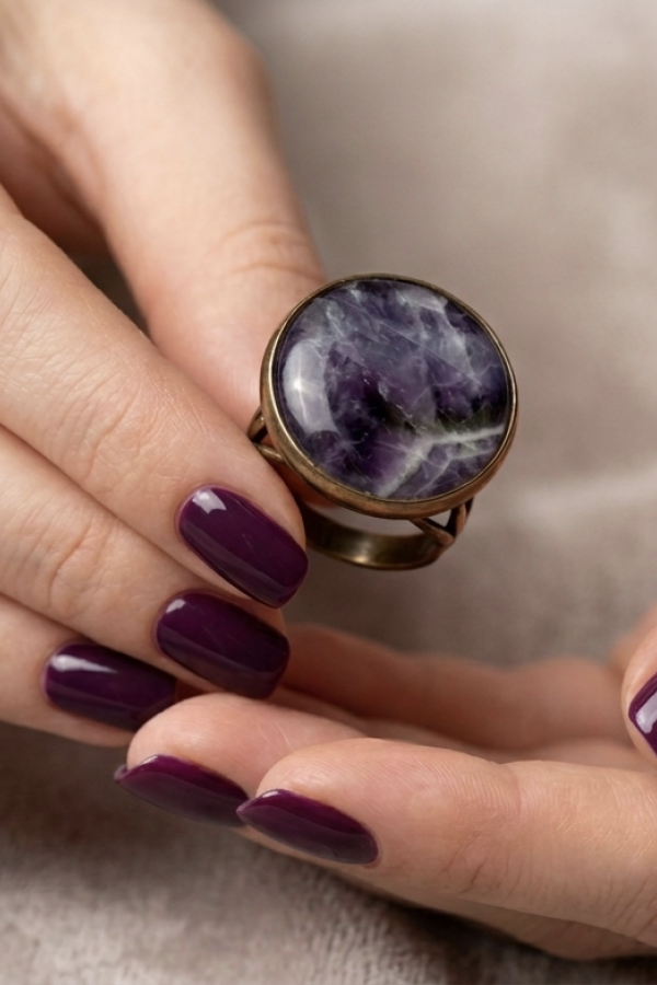 Ametist Taşlı Yuvarlak Motif İki Renkli Gümüş Yüzük