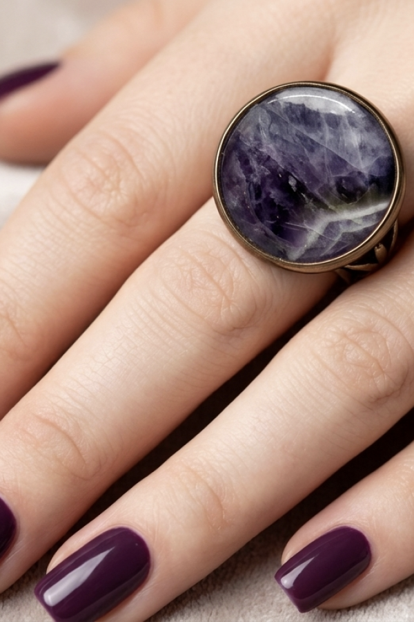 Ametist Taşlı Yuvarlak Motif İki Renkli Gümüş Yüzük