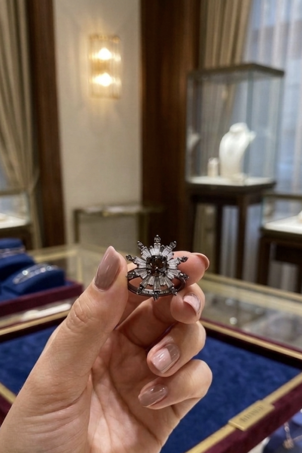 Dumanlı Kuvars Taşlı Çiçek Motif Gümüş Yüzük