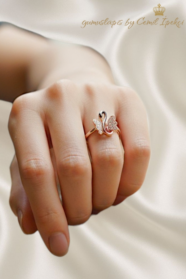 Kuğu Motif Mineli Gümüş Yüzük