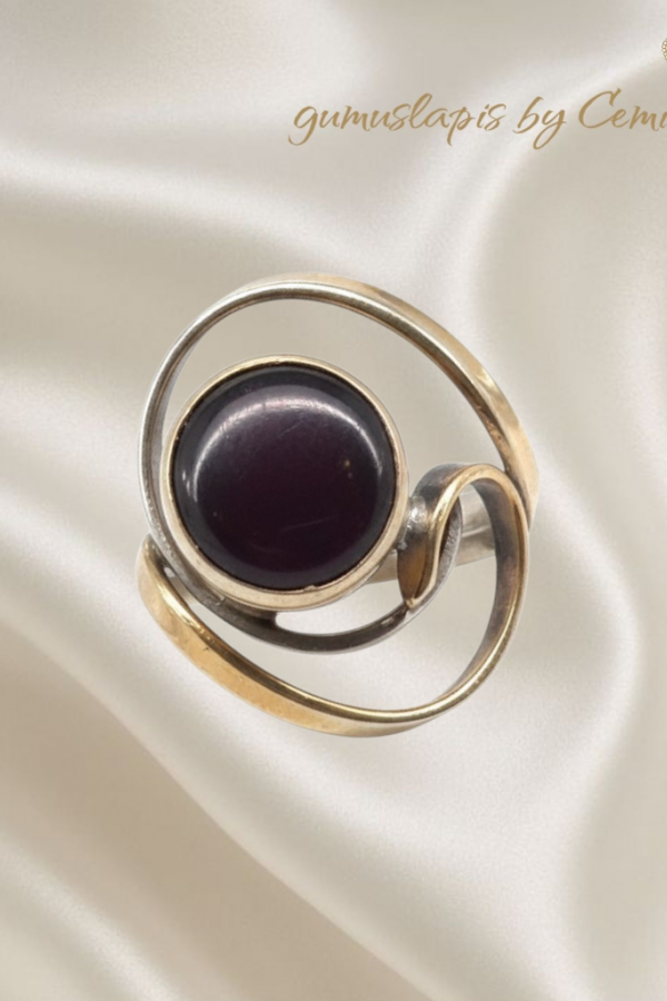 Koyu Renk Akik Taşlı İki Renkli Gümüş Yüzük