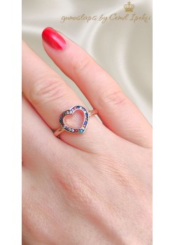 Kalp Motif Renkli Taşlarla Süslü Gümüş Yüzük (rose)