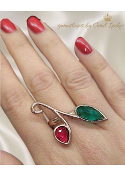 Yakut ve Peridot Taşlı Yaprak Motif Gümüş Yüzük 