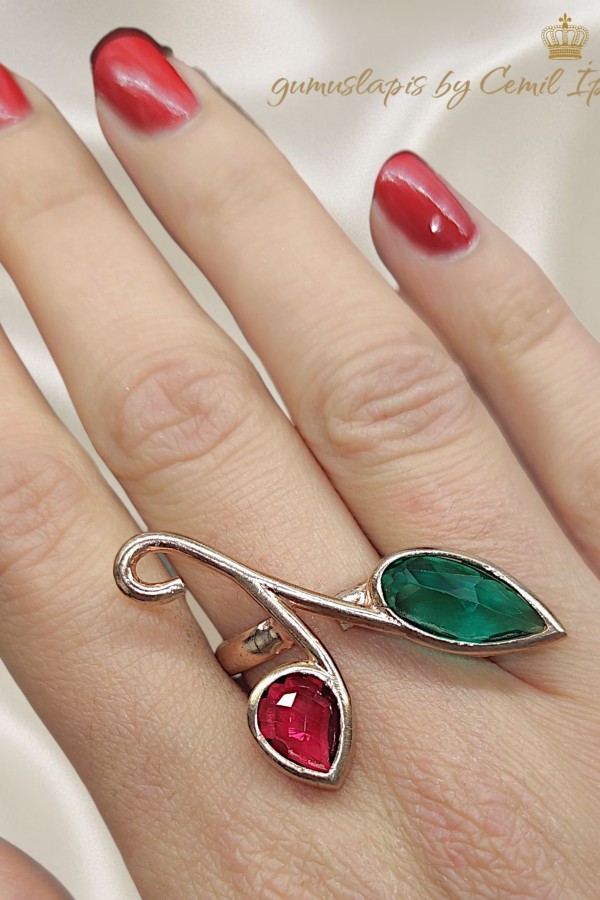 Yakut ve Peridot Taşlı Yaprak Motif Gümüş Yüzük 