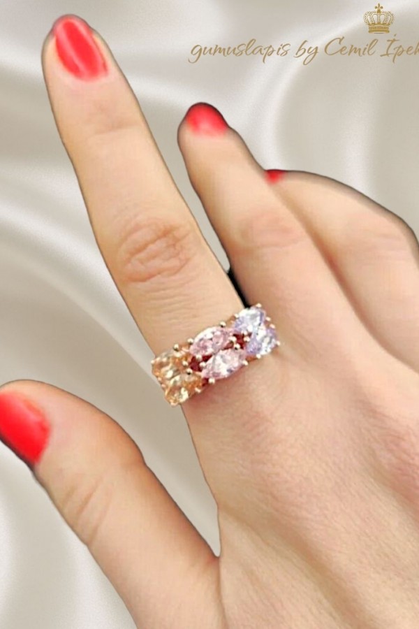 Morganit, Ametist ve Lab Topaz Taşlı Gümüş Yüzük