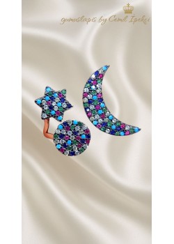 Renkli Taşlarla Süslü Ay Yıldız Motif Gümüş Yüzük